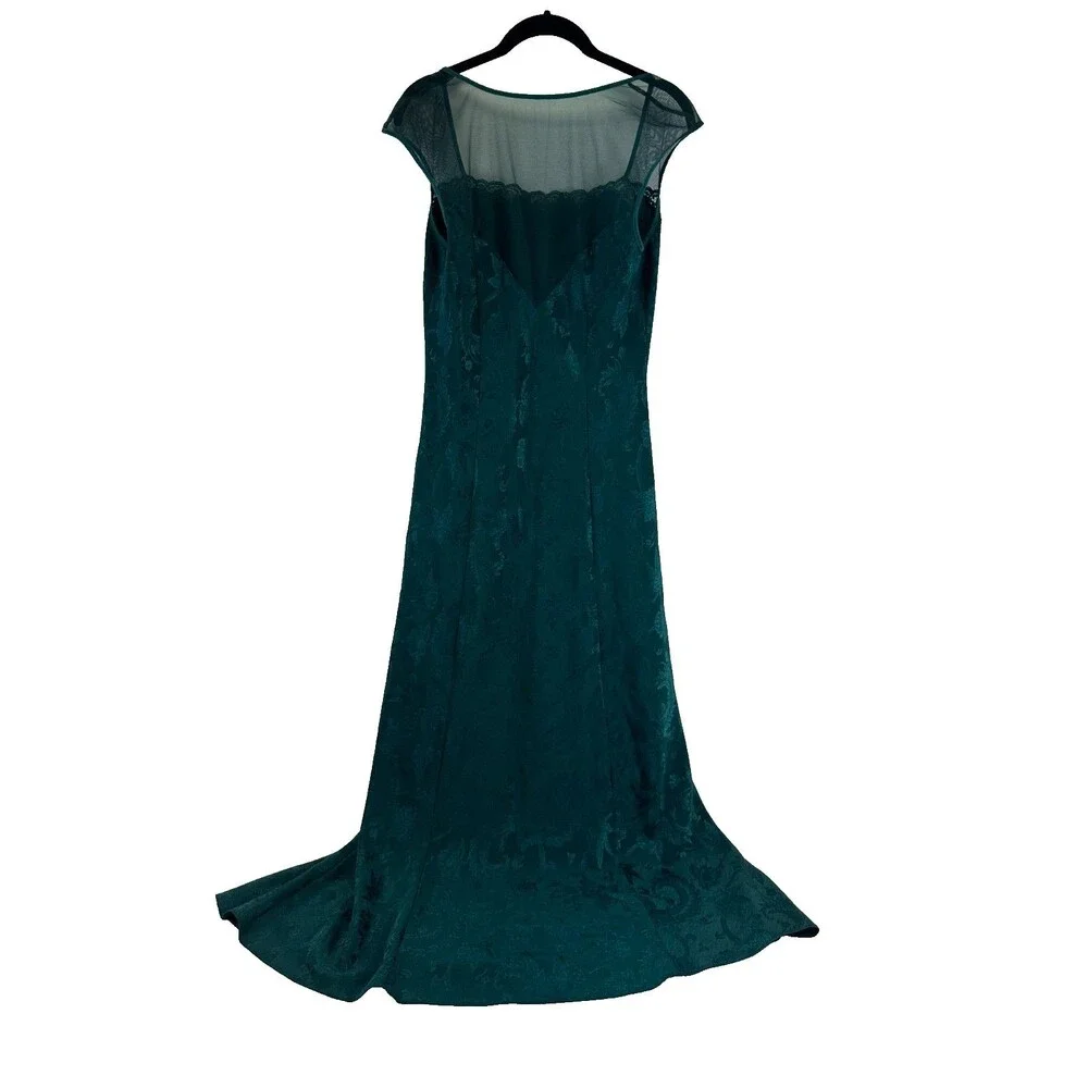 Victorias Secret Gold Label Emerald Green Satin Maxi Slip Gown Floral Jacquard L